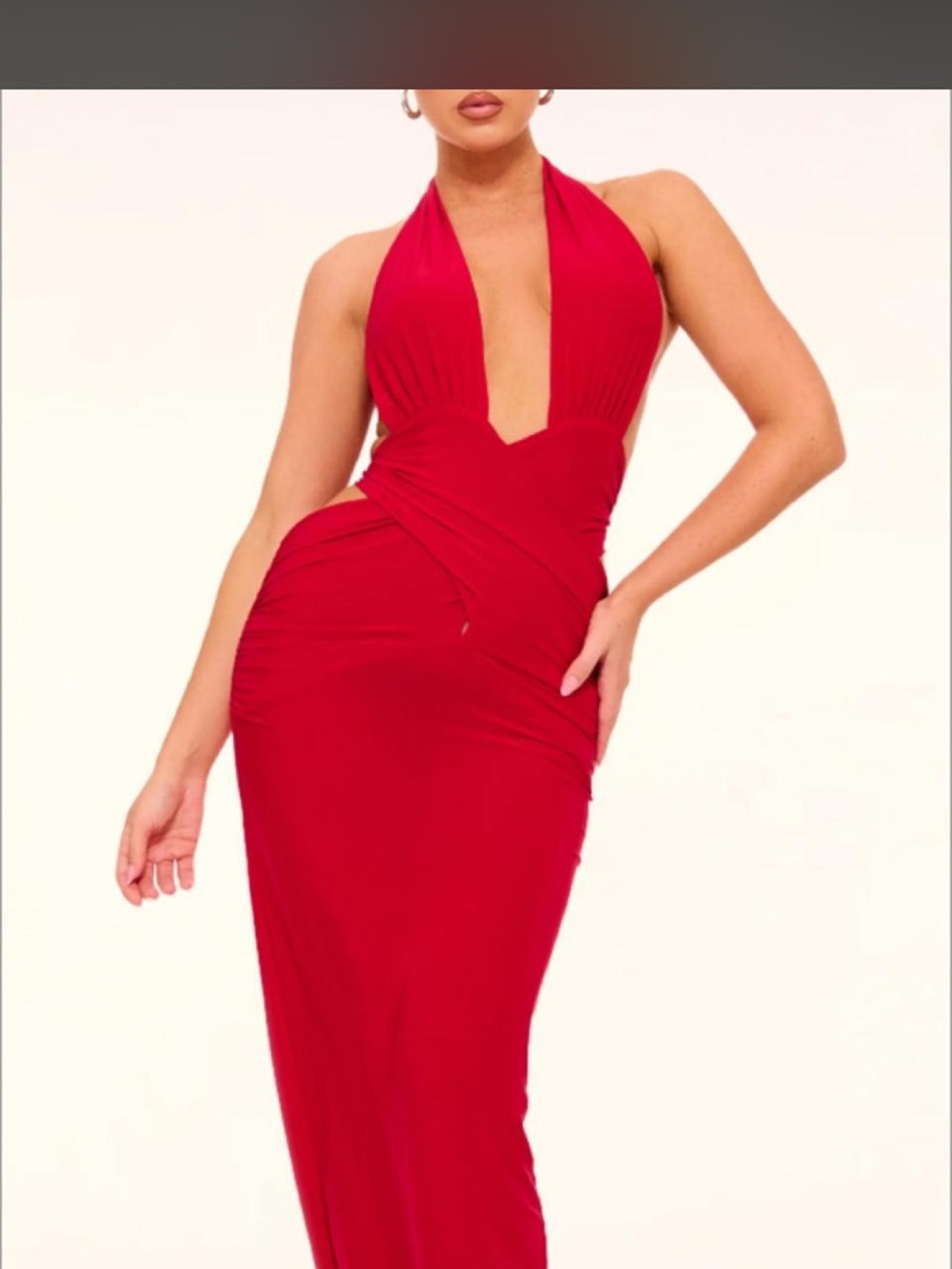 PrettyLittleThing Red One-Shoulder Halter Maxi Dress